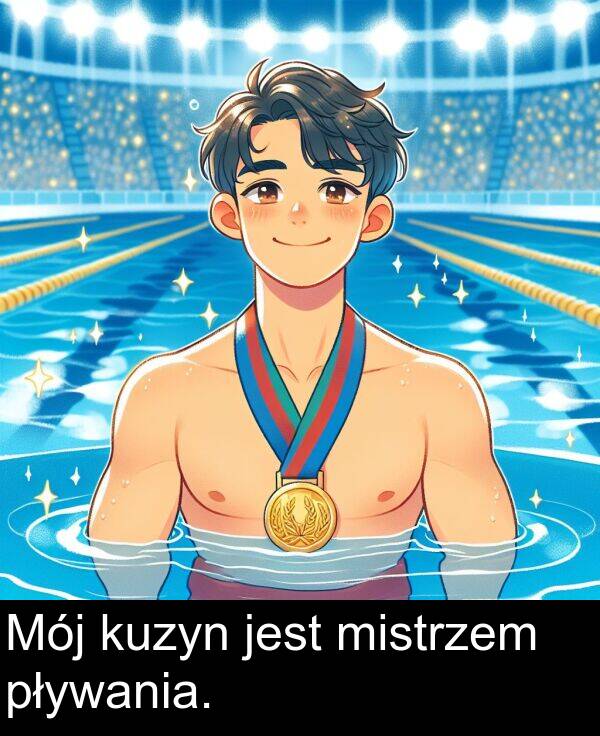 pływania: Mój kuzyn jest mistrzem pływania.
