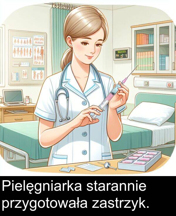 przygotowała: Pielęgniarka starannie przygotowała zastrzyk.