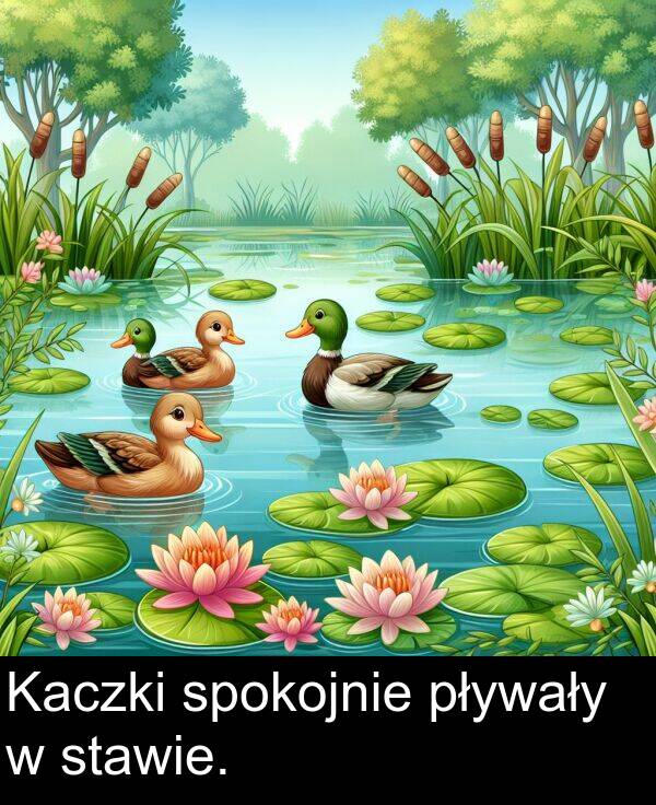 pływały: Kaczki spokojnie pływały w stawie.