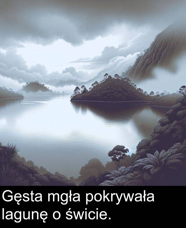 lagunę: Gęsta mgła pokrywała lagunę o świcie.