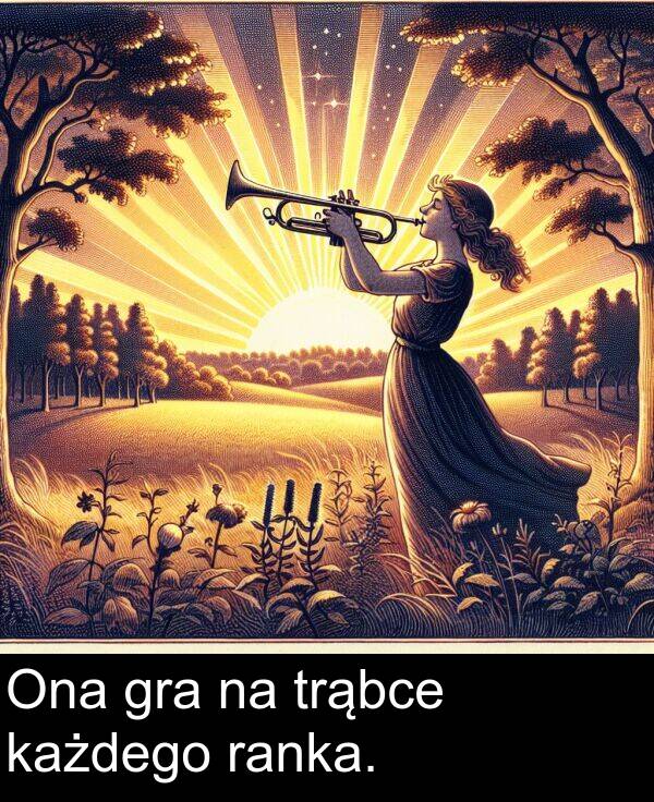 trąbce: Ona gra na trąbce każdego ranka.