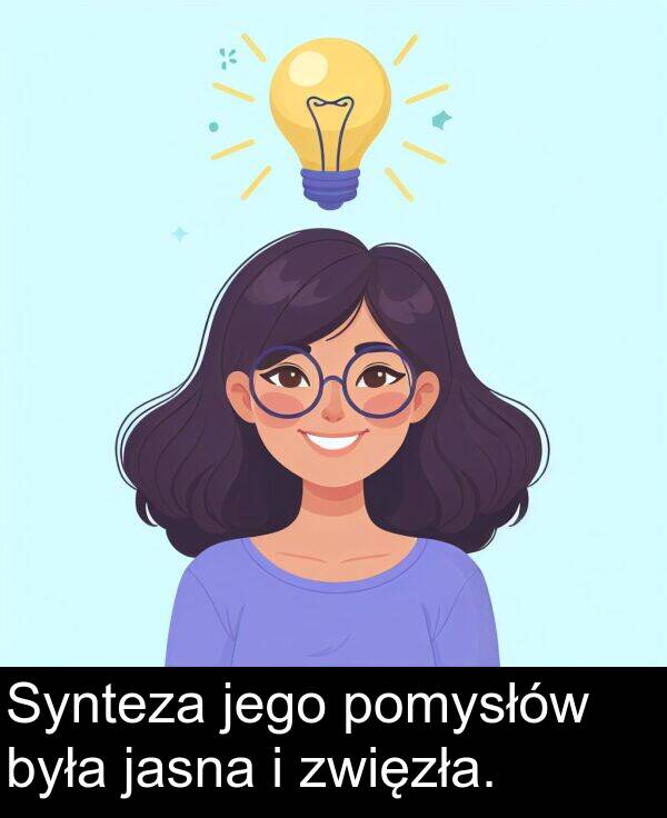 zwięzła: Synteza jego pomysłów była jasna i zwięzła.