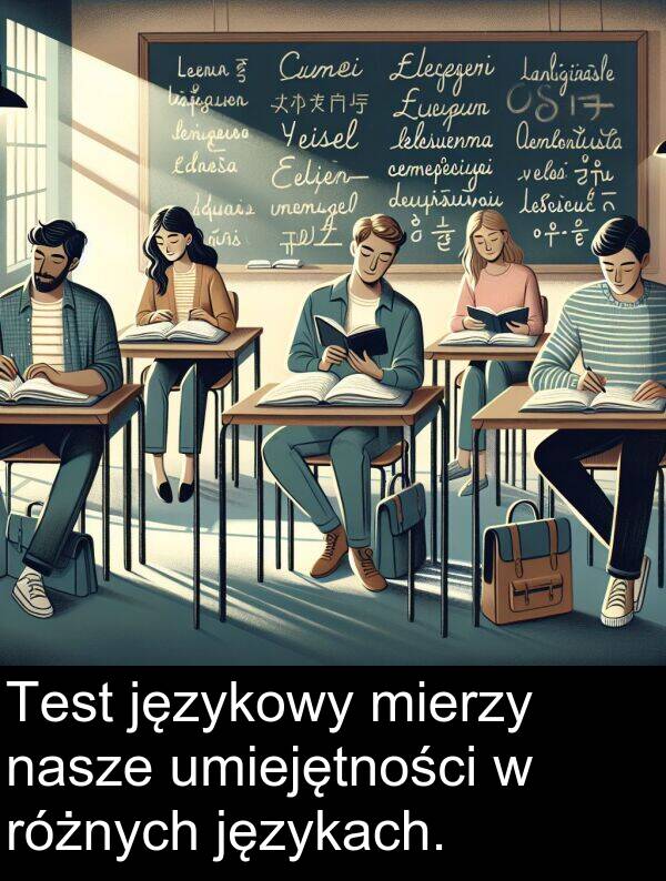 językach: Test językowy mierzy nasze umiejętności w różnych językach.