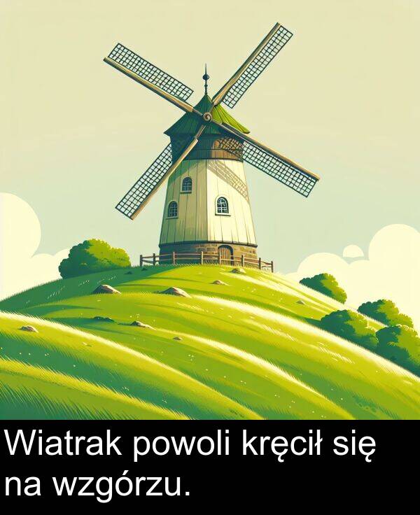 powoli: Wiatrak powoli kręcił się na wzgórzu.