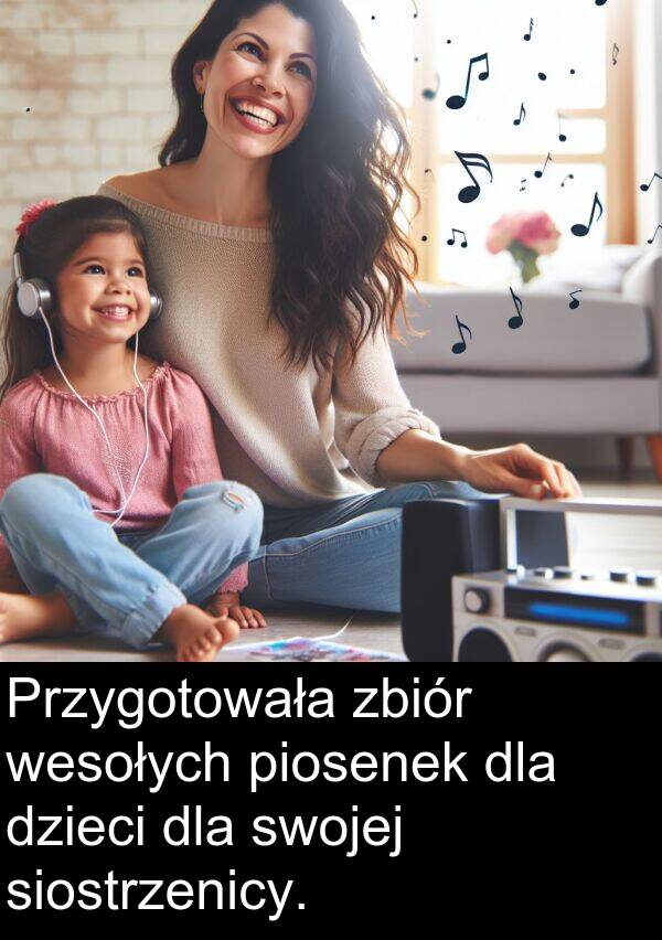 piosenek: Przygotowała zbiór wesołych piosenek dla dzieci dla swojej siostrzenicy.
