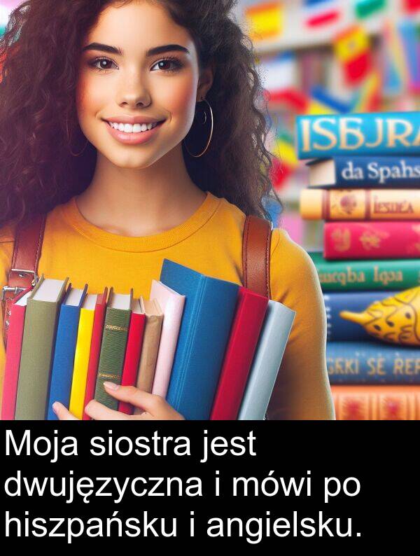 hiszpańsku: Moja siostra jest dwujęzyczna i mówi po hiszpańsku i angielsku.