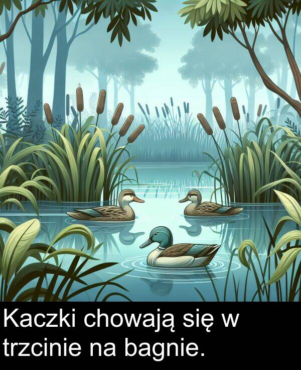 bagnie: Kaczki chowają się w trzcinie na bagnie.