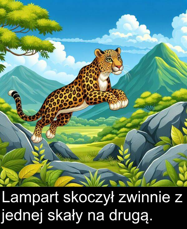 zwinnie: Lampart skoczył zwinnie z jednej skały na drugą.