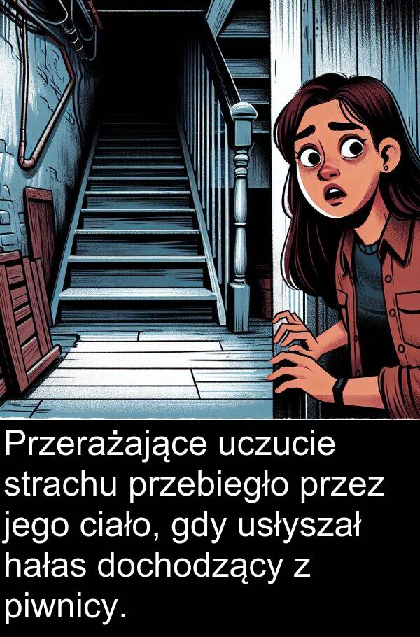 dochodzący: Przerażające uczucie strachu przebiegło przez jego ciało, gdy usłyszał hałas dochodzący z piwnicy.