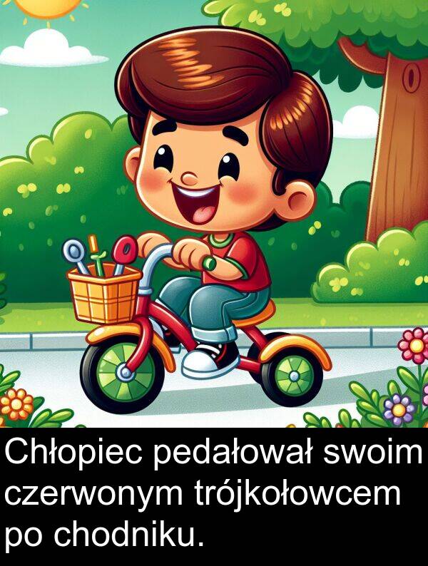 czerwonym: Chłopiec pedałował swoim czerwonym trójkołowcem po chodniku.