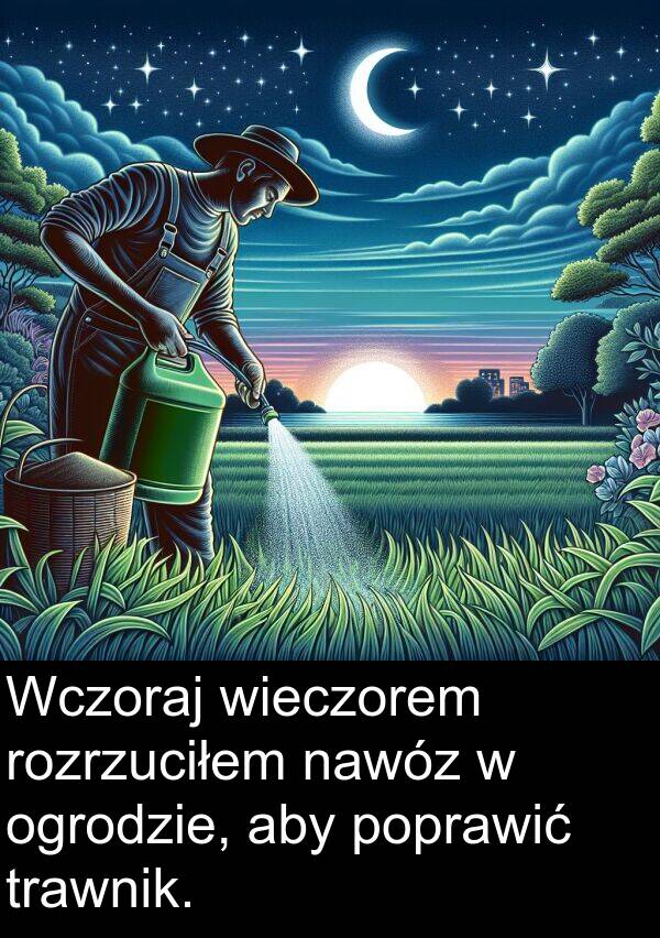 wieczorem: Wczoraj wieczorem rozrzuciłem nawóz w ogrodzie, aby poprawić trawnik.