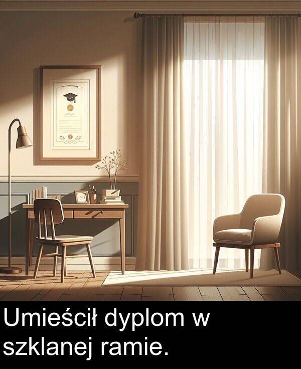 szklanej: Umieścił dyplom w szklanej ramie.