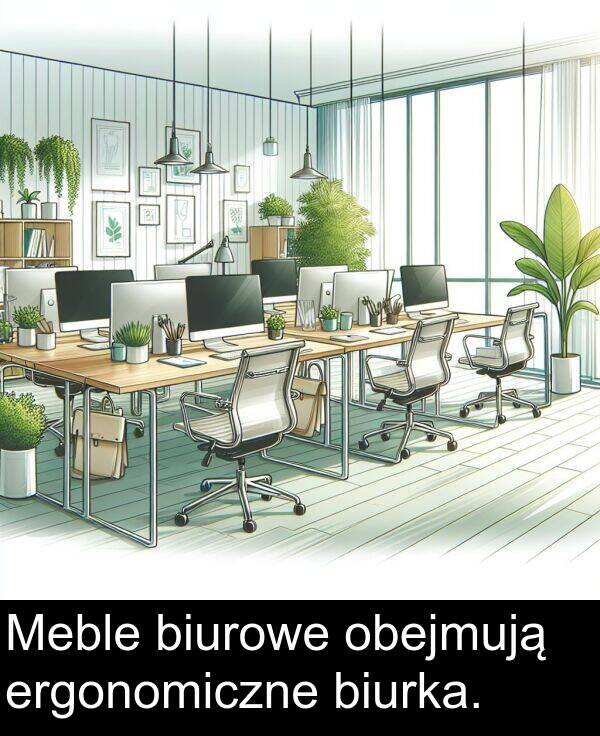 obejmują: Meble biurowe obejmują ergonomiczne biurka.