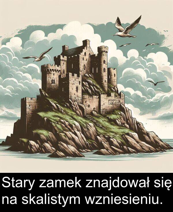 znajdował: Stary zamek znajdował się na skalistym wzniesieniu.