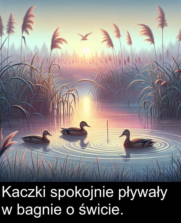 pływały: Kaczki spokojnie pływały w bagnie o świcie.