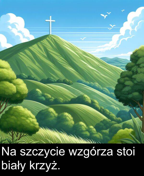 stoi: Na szczycie wzgórza stoi biały krzyż.