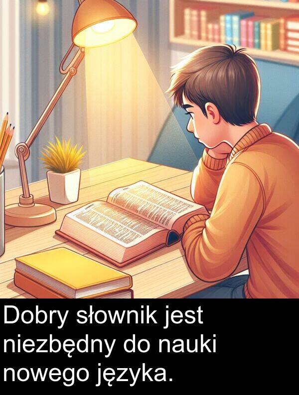 słownik: Dobry słownik jest niezbędny do nauki nowego języka.