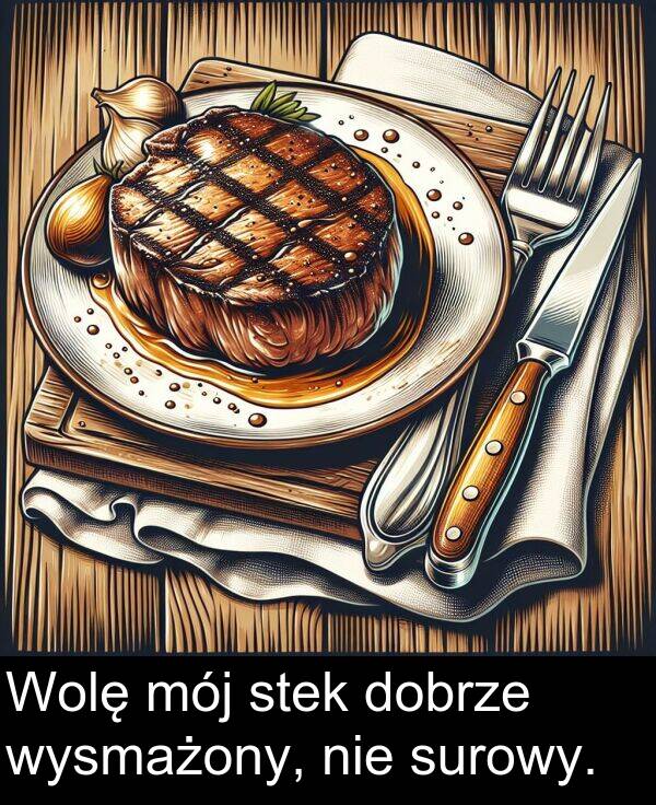 nie: Wolę mój stek dobrze wysmażony, nie surowy.
