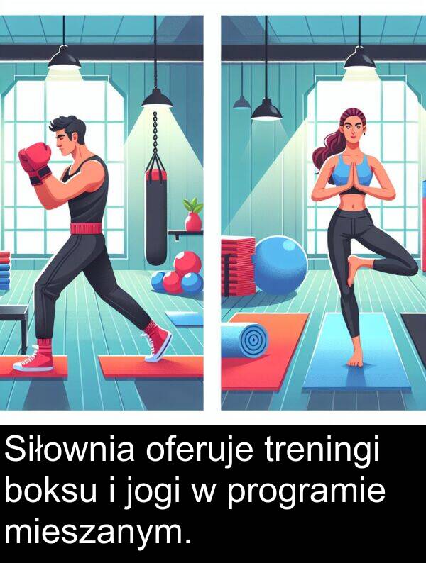 programie: Siłownia oferuje treningi boksu i jogi w programie mieszanym.