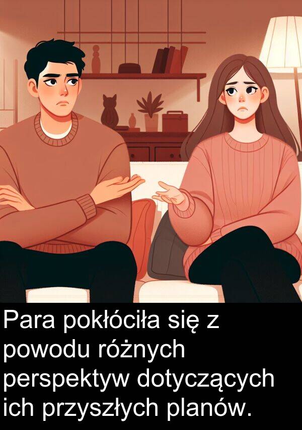 powodu: Para pokłóciła się z powodu różnych perspektyw dotyczących ich przyszłych planów.