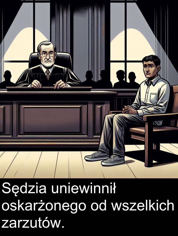 wszelkich: Sędzia uniewinnił oskarżonego od wszelkich zarzutów.