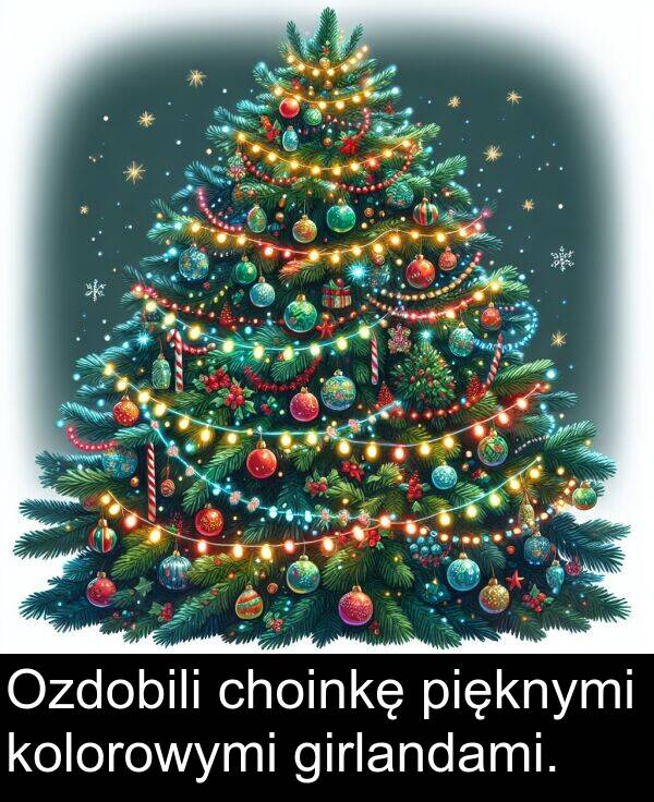 pięknymi: Ozdobili choinkę pięknymi kolorowymi girlandami.