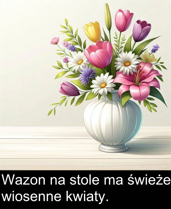 wiosenne: Wazon na stole ma świeże wiosenne kwiaty.