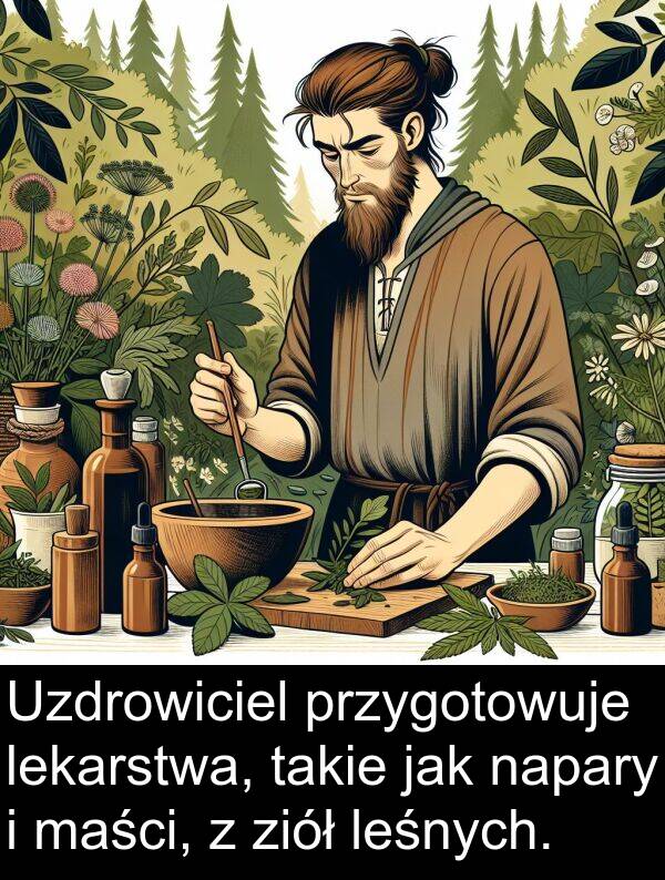 przygotowuje: Uzdrowiciel przygotowuje lekarstwa, takie jak napary i maści, z ziół leśnych.