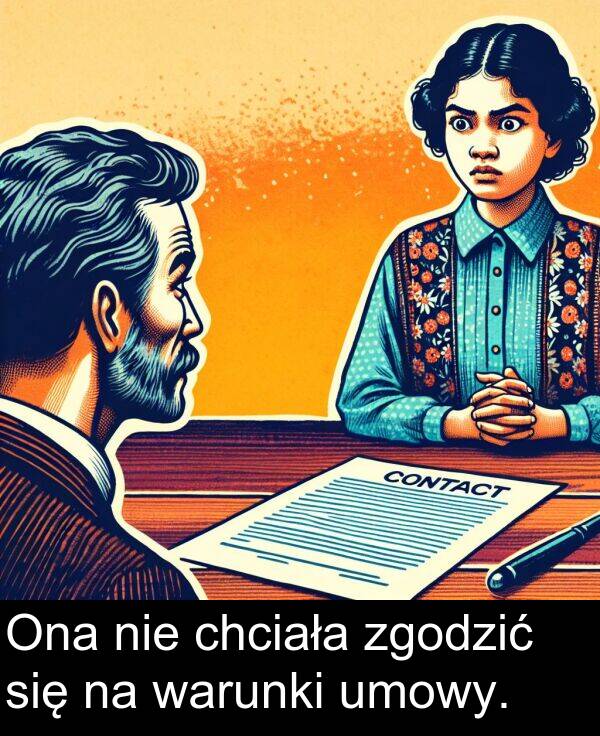 zgodzić: Ona nie chciała zgodzić się na warunki umowy.