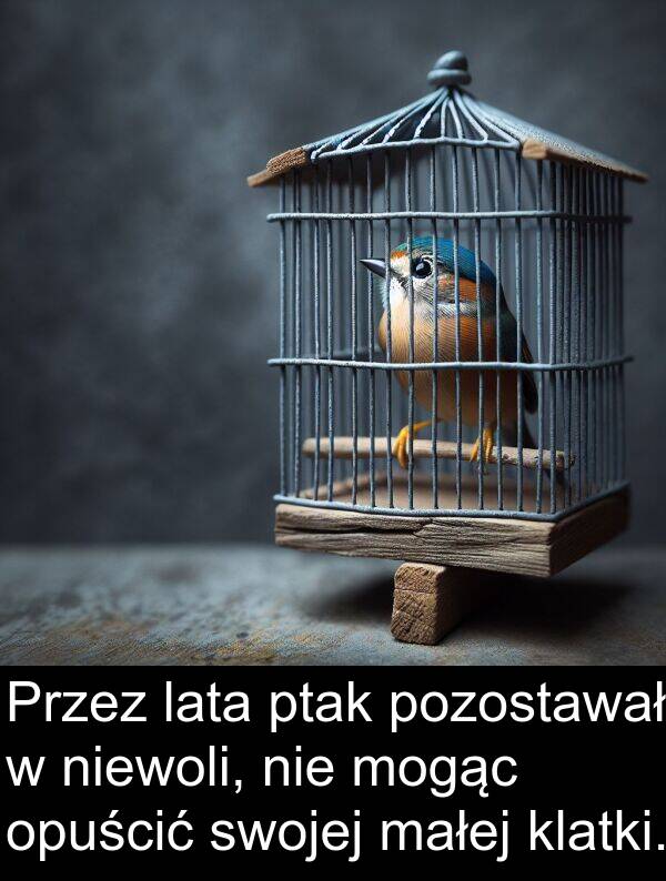 pozostawał: Przez lata ptak pozostawał w niewoli, nie mogąc opuścić swojej małej klatki.