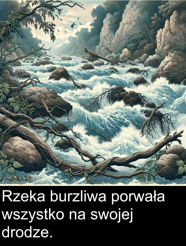 wszystko: Rzeka burzliwa porwała wszystko na swojej drodze.