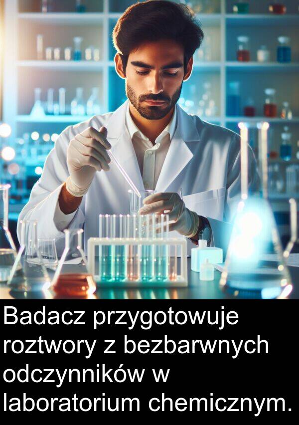 przygotowuje: Badacz przygotowuje roztwory z bezbarwnych odczynników w laboratorium chemicznym.