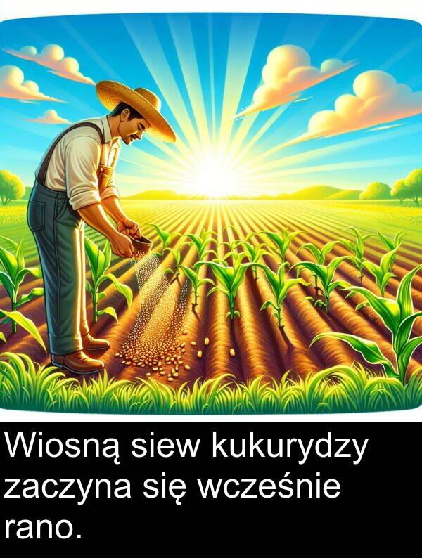 zaczyna: Wiosną siew kukurydzy zaczyna się wcześnie rano.