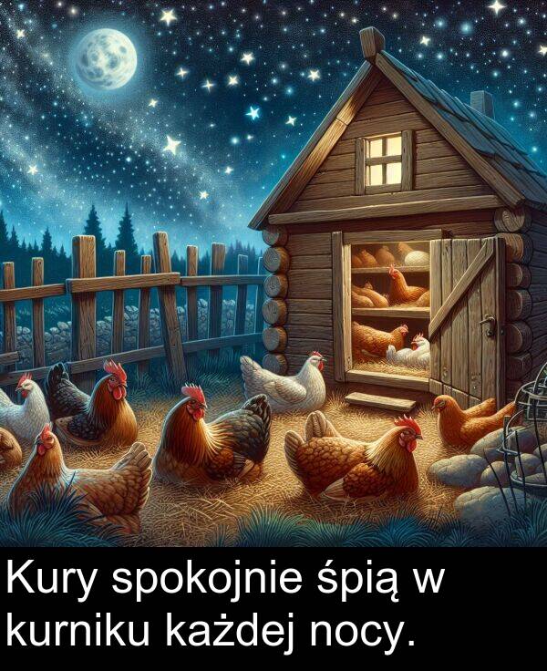 każdej: Kury spokojnie śpią w kurniku każdej nocy.