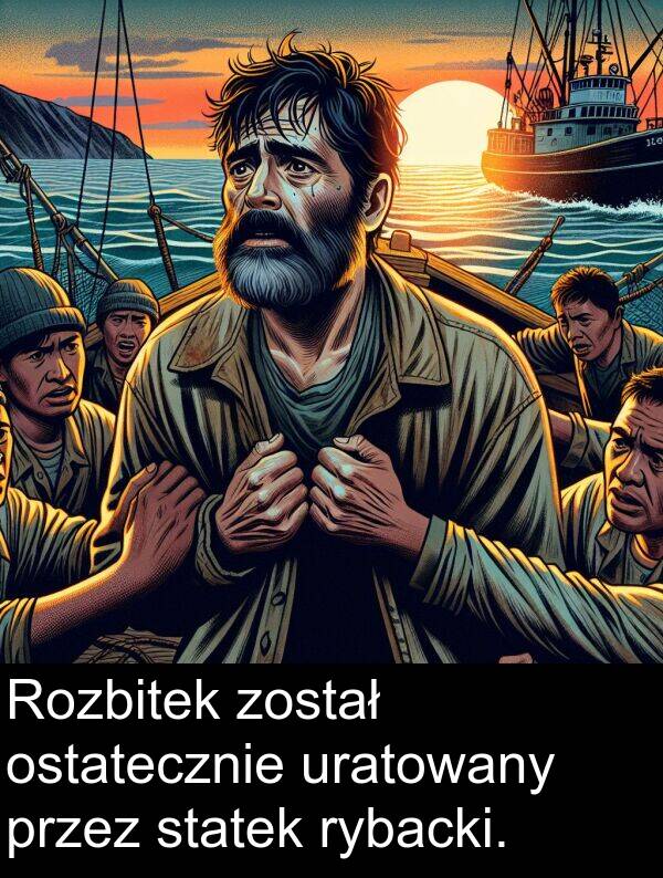 został: Rozbitek został ostatecznie uratowany przez statek rybacki.