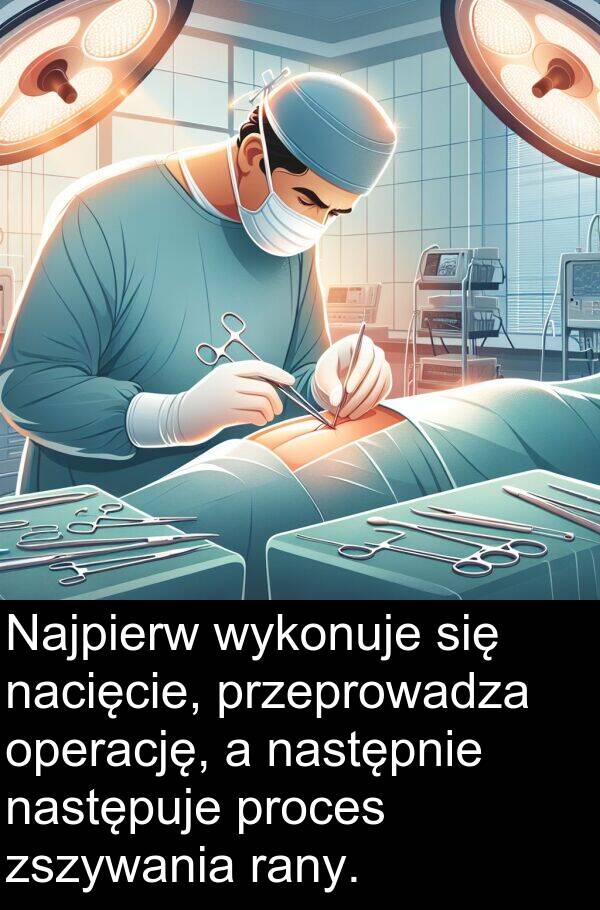 proces: Najpierw wykonuje się nacięcie, przeprowadza operację, a następnie następuje proces zszywania rany.