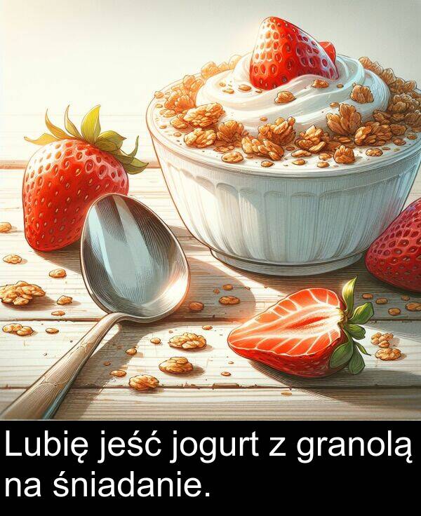 śniadanie: Lubię jeść jogurt z granolą na śniadanie.