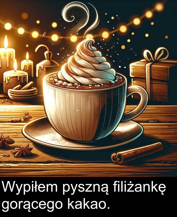 filiżankę: Wypiłem pyszną filiżankę gorącego kakao.