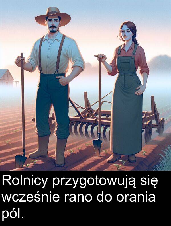 przygotowują: Rolnicy przygotowują się wcześnie rano do orania pól.