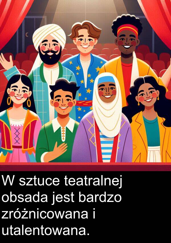 zróżnicowana: W sztuce teatralnej obsada jest bardzo zróżnicowana i utalentowana.