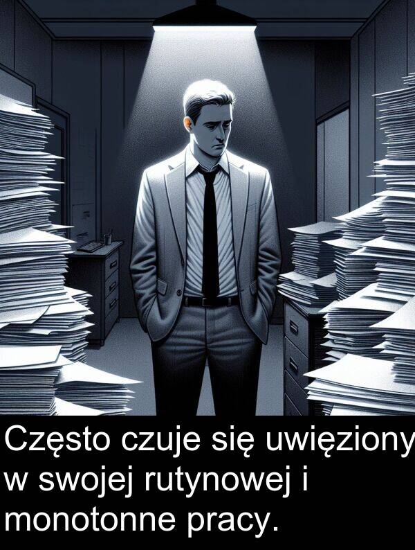 pracy: Często czuje się uwięziony w swojej rutynowej i monotonne pracy.