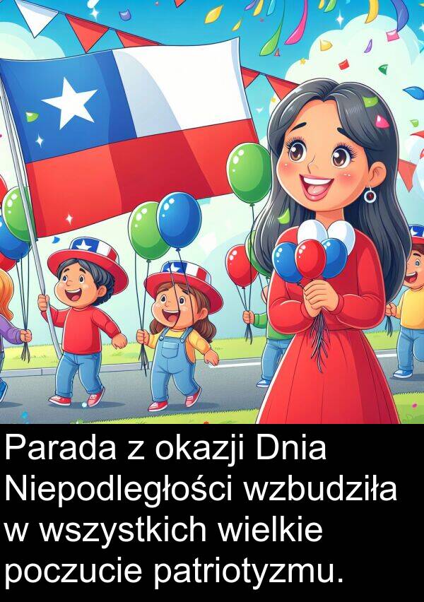 wzbudziła: Parada z okazji Dnia Niepodległości wzbudziła w wszystkich wielkie poczucie patriotyzmu.