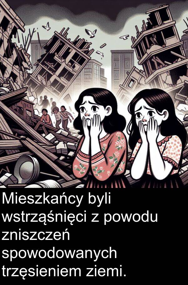 powodu: Mieszkańcy byli wstrząśnięci z powodu zniszczeń spowodowanych trzęsieniem ziemi.