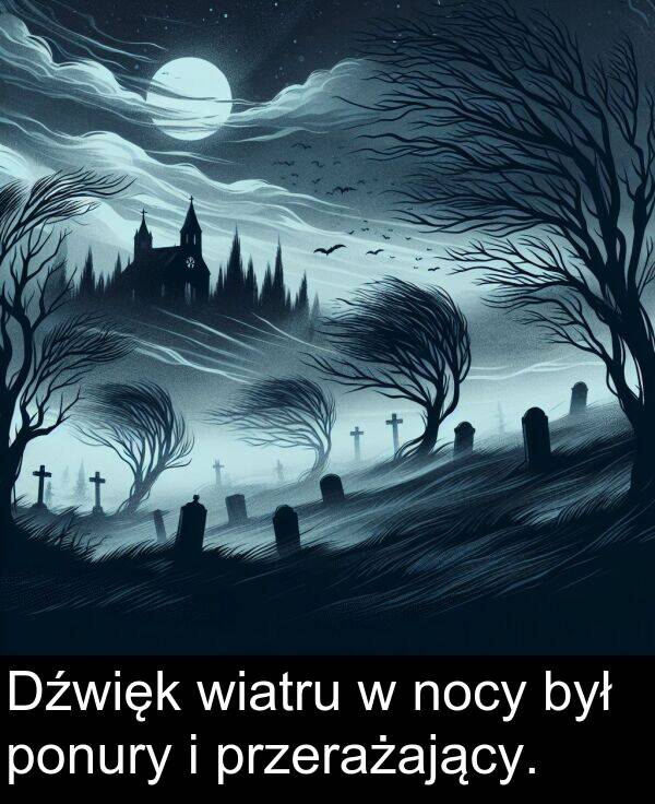 przerażający: Dźwięk wiatru w nocy był ponury i przerażający.