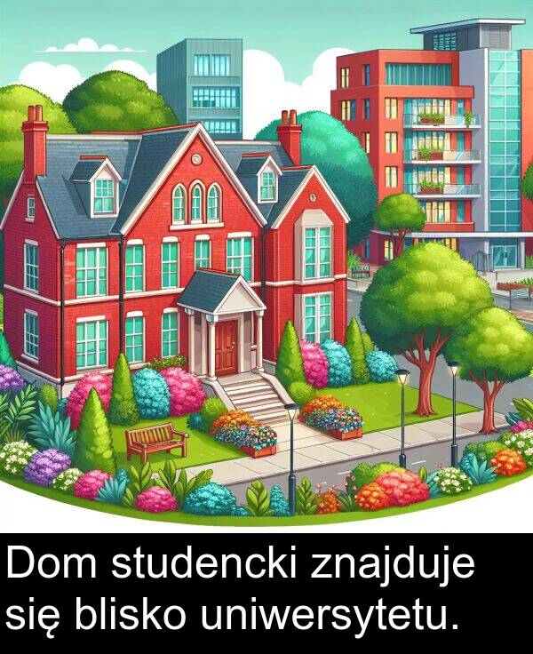znajduje: Dom studencki znajduje się blisko uniwersytetu.