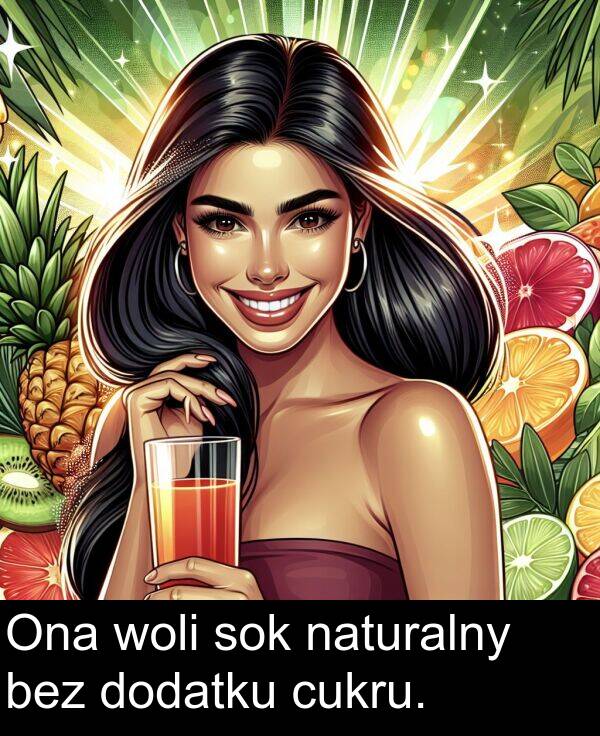 cukru: Ona woli sok naturalny bez dodatku cukru.
