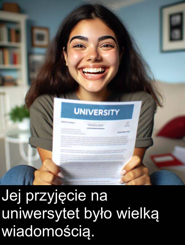 przyjęcie: Jej przyjęcie na uniwersytet było wielką wiadomością.
