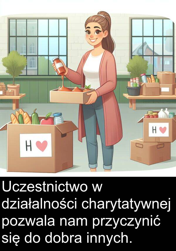 przyczynić: Uczestnictwo w działalności charytatywnej pozwala nam przyczynić się do dobra innych.