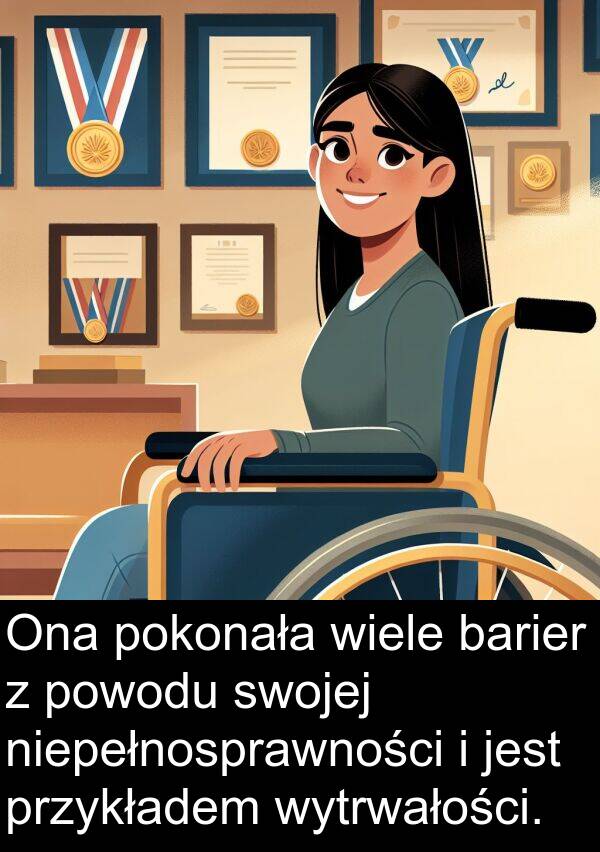 powodu: Ona pokonała wiele barier z powodu swojej niepełnosprawności i jest przykładem wytrwałości.