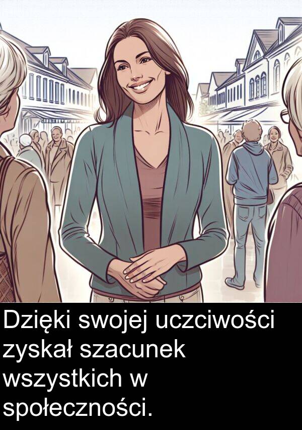 zyskał: Dzięki swojej uczciwości zyskał szacunek wszystkich w społeczności.